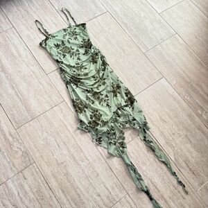 Y2K Almost Famous Green Floral Fairycore Dress rouching Sz M Fairycore whimsy